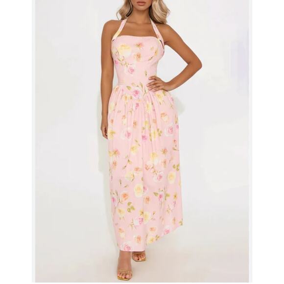 Fashion Nova Floral Halter Midi Dress Pink Rose NWT - Picture 1 of 8